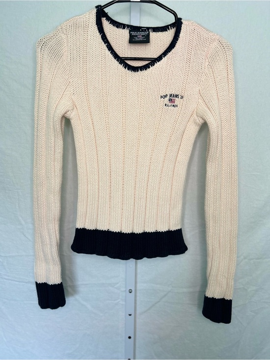 Polo Ralph Lauren Sweaters - VTG Y2K Polo Jeans Co Ralph Lauren Flag Knit Sweater Cream Navy Blue Trim Small